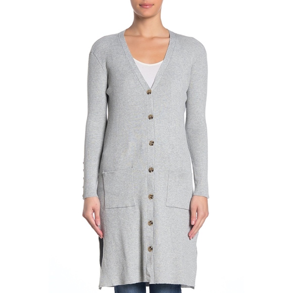 HIATUS V-NECK FRONT BUTTON RIBBED KNIT CARDIGAN DRESS SIDE SLIT V NECK VINTAGE - Picture 3 of 3